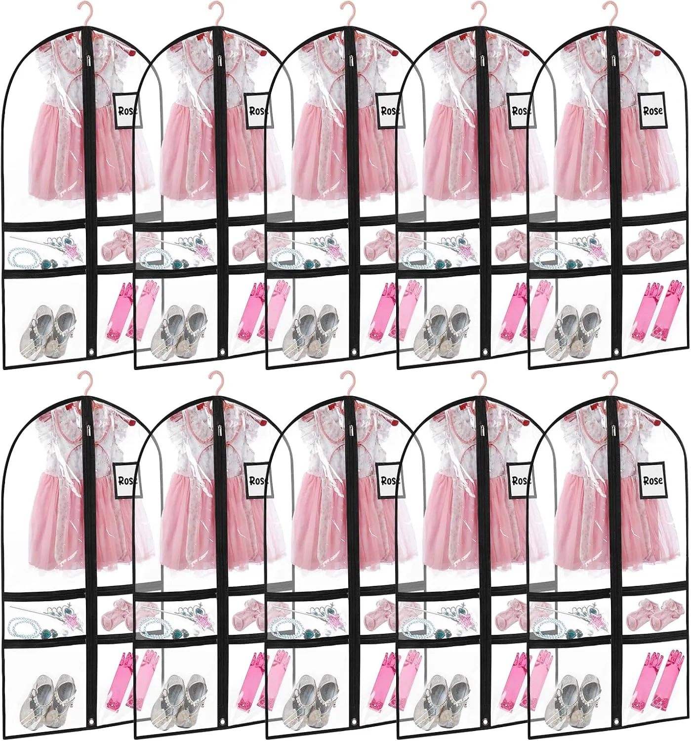 10 Pack Garment Bags for Dance Costumes,40" Kids Clear Garment Bags for Hanging Clothes with 4 Zipper Pocket,Dance Competition Must Haves for Dance Competition, Travel, Closet Storage(Black)