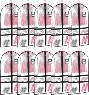 10 Pack Garment Bags for Dance Costumes,40" Kids Clear Garment Bags for Hanging Clothes with 4 Zipper Pocket,Dance Competition Must Haves for Dance Competition, Travel, Closet Storage(Black)