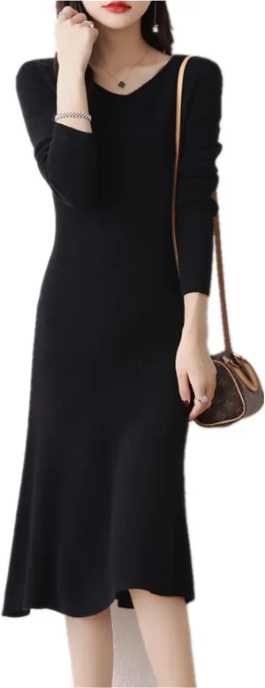 100% Wool Sweater Dress Women's Mid-Length Girl's Slim Fit V-Neck Long Sleeve Pullover A-line Knitted Long Dress