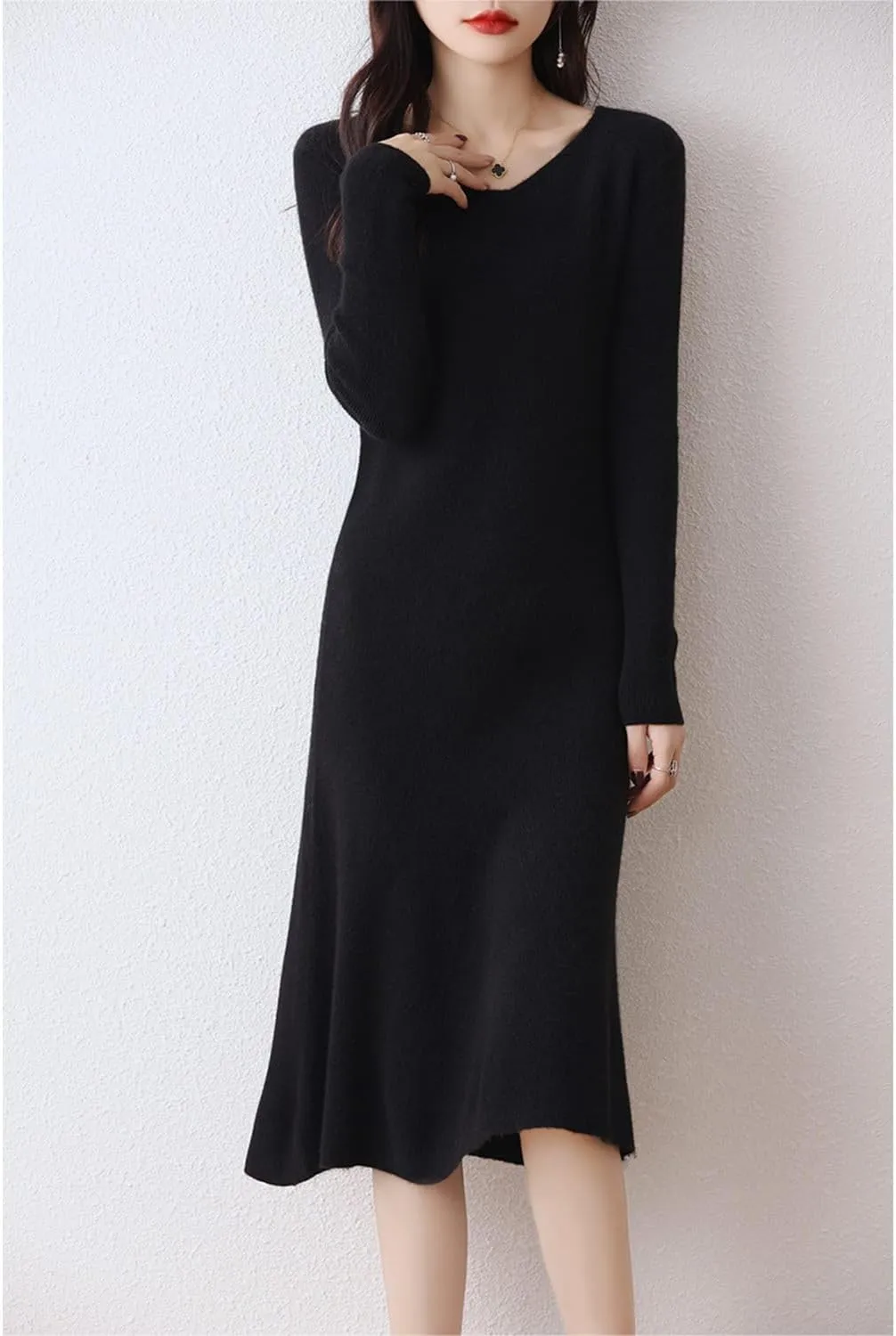 100% Wool Sweater Dress Women's Mid-Length Girl's Slim Fit V-Neck Long Sleeve Pullover A-line Knitted Long Dress