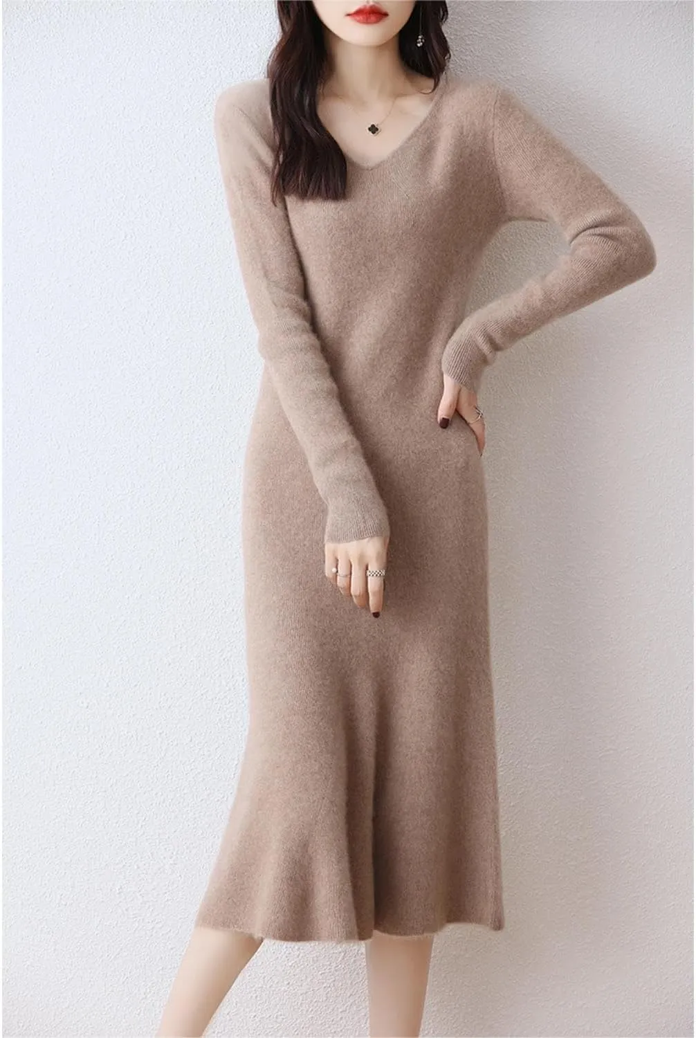 100% Wool Sweater Dress Women's Mid-Length Girl's Slim Fit V-Neck Long Sleeve Pullover A-line Knitted Long Dress