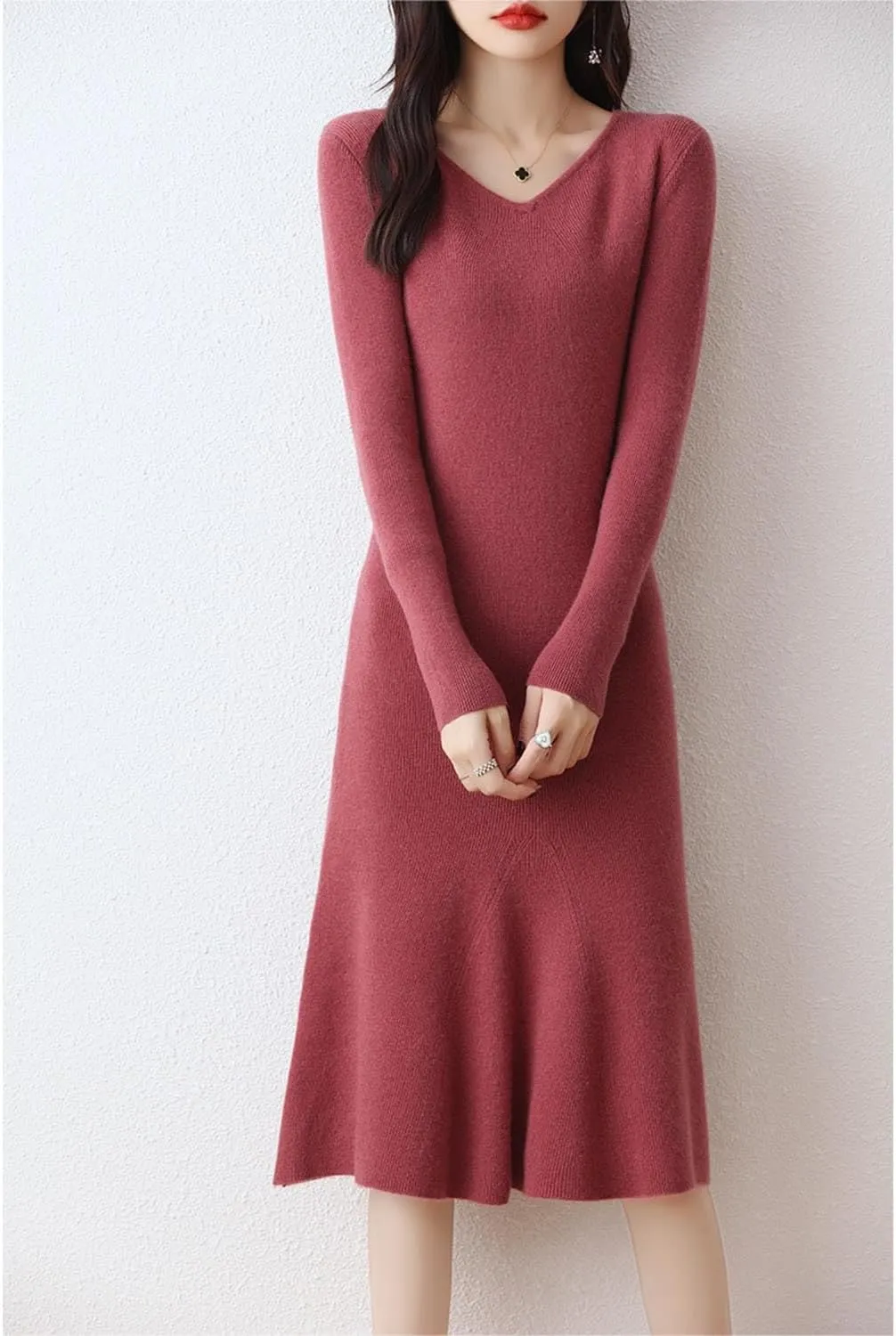100% Wool Sweater Dress Women's Mid-Length Girl's Slim Fit V-Neck Long Sleeve Pullover A-line Knitted Long Dress