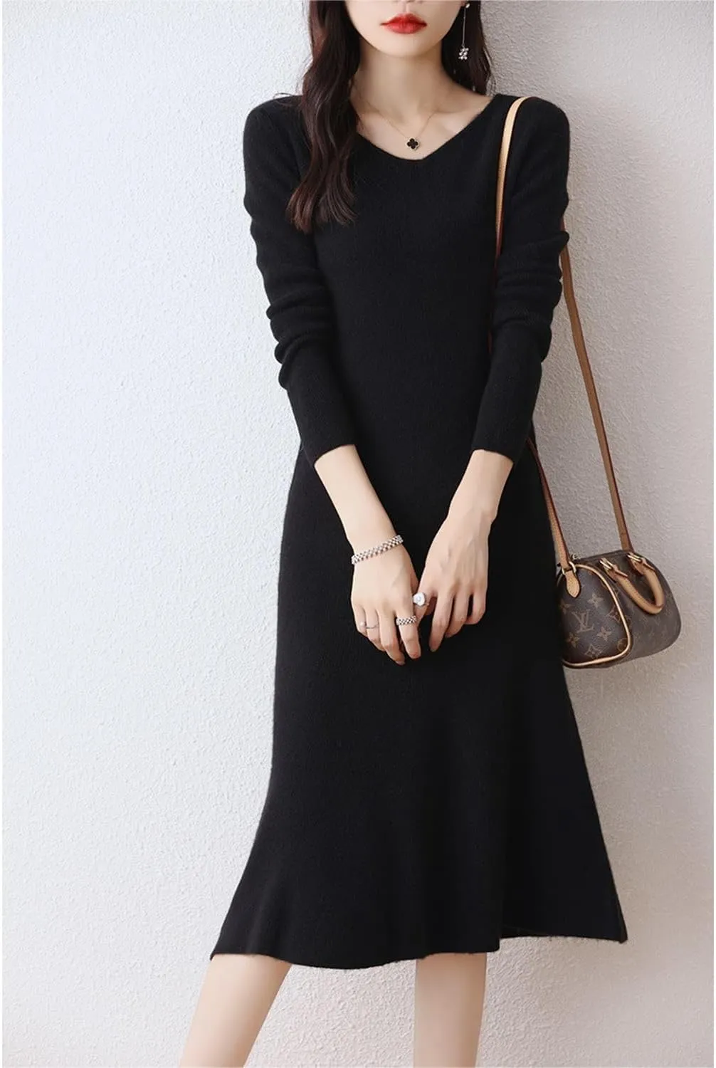 100% Wool Sweater Dress Women's Mid-Length Girl's Slim Fit V-Neck Long Sleeve Pullover A-line Knitted Long Dress