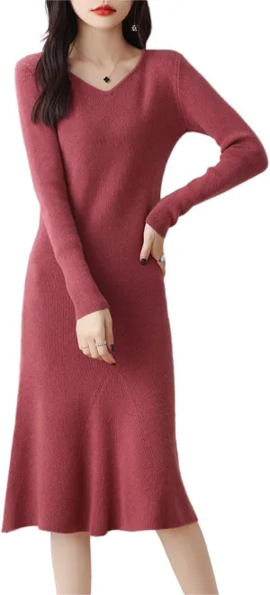 100% Wool Sweater Dress Women's Mid-Length Girl's Slim Fit V-Neck Long Sleeve Pullover A-line Knitted Long Dress