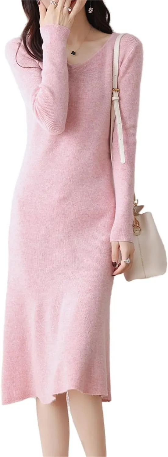 100% Wool Sweater Dress Women's Mid-Length Girl's Slim Fit V-Neck Long Sleeve Pullover A-line Knitted Long Dress