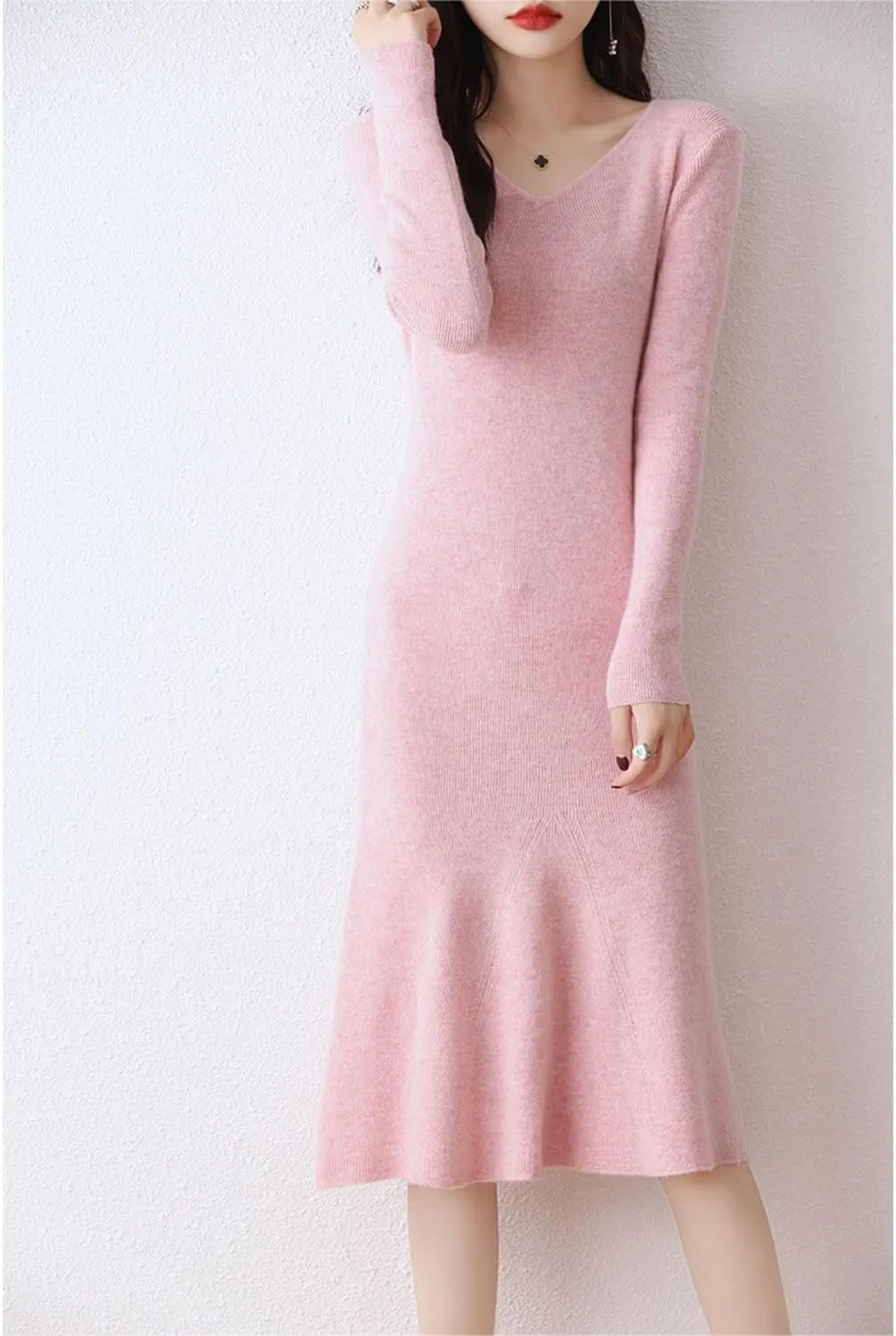 100% Wool Sweater Dress Women's Mid-Length Girl's Slim Fit V-Neck Long Sleeve Pullover A-line Knitted Long Dress