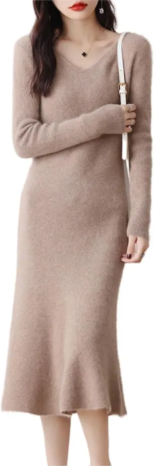 100% Wool Sweater Dress Women's Mid-Length Girl's Slim Fit V-Neck Long Sleeve Pullover A-line Knitted Long Dress