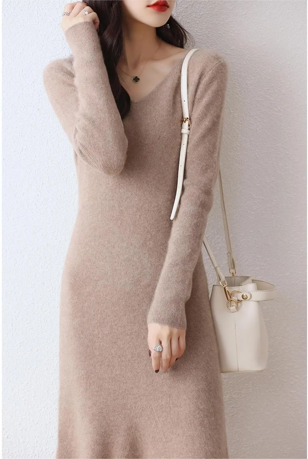 100% Wool Sweater Dress Women's Mid-Length Girl's Slim Fit V-Neck Long Sleeve Pullover A-line Knitted Long Dress
