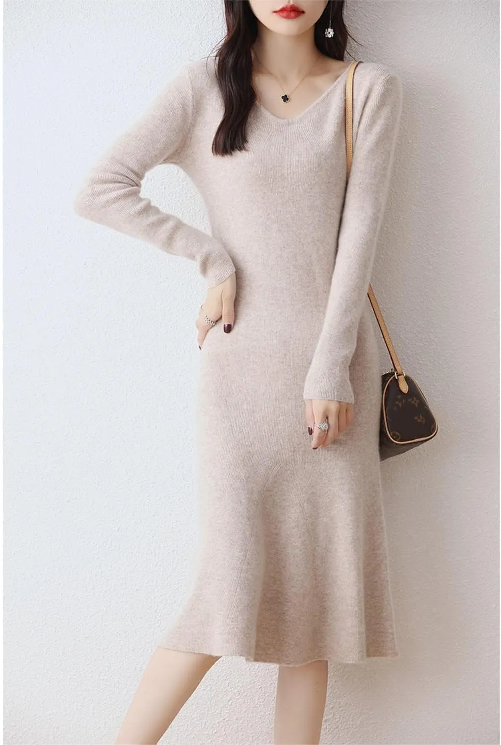 100% Wool Sweater Dress Women's Mid-Length Girl's Slim Fit V-Neck Long Sleeve Pullover A-line Knitted Long Dress