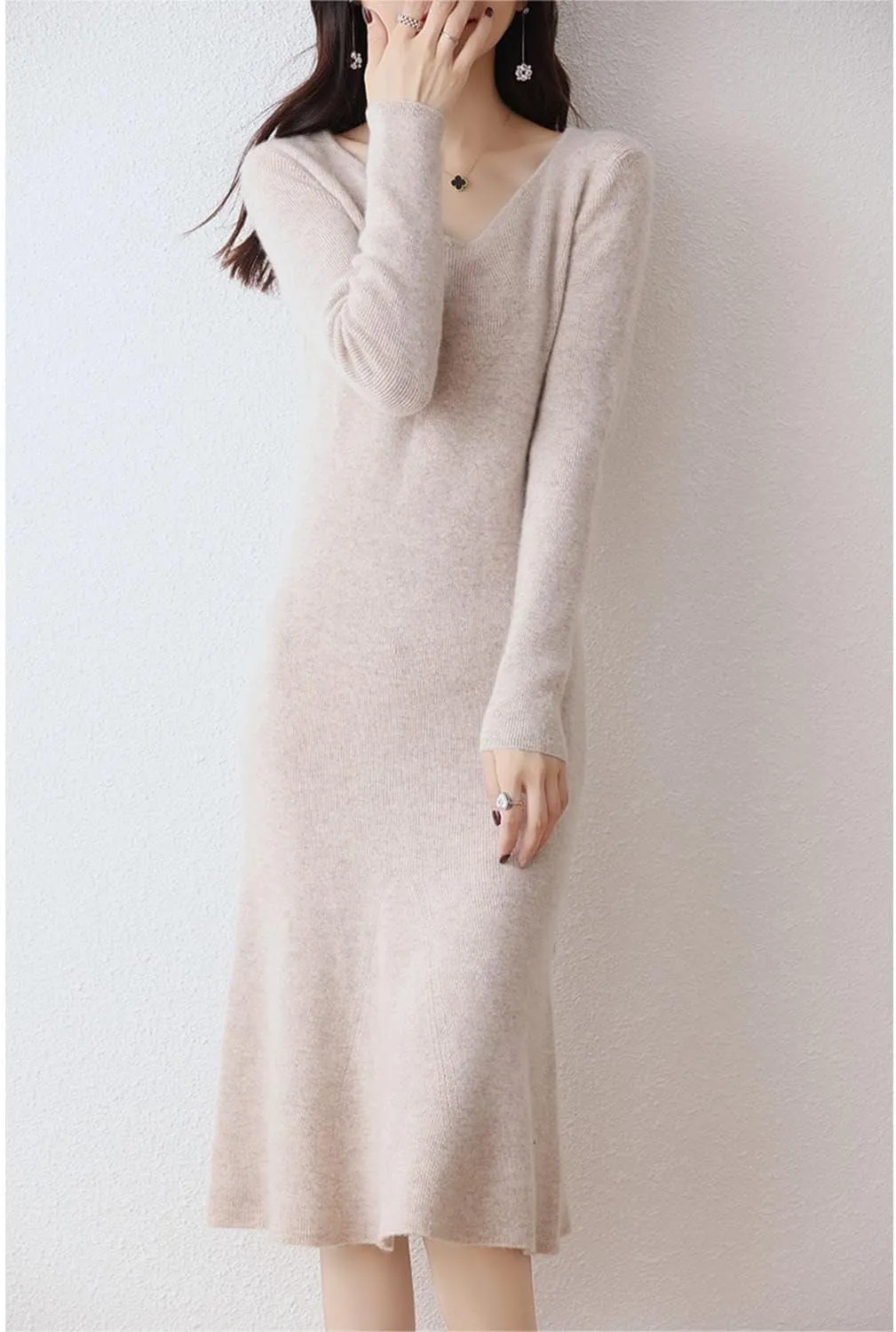 100% Wool Sweater Dress Women's Mid-Length Girl's Slim Fit V-Neck Long Sleeve Pullover A-line Knitted Long Dress