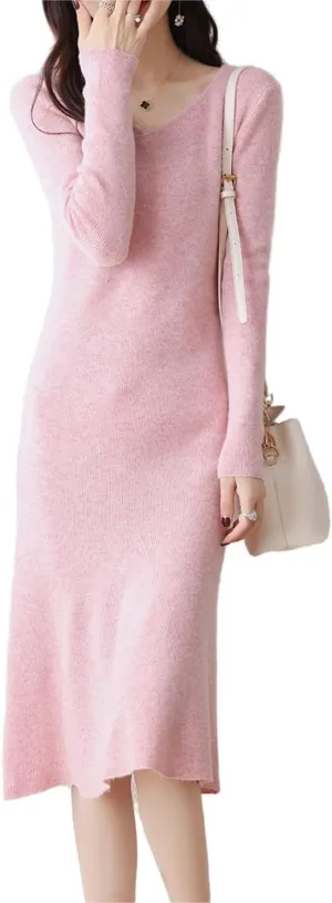 100% Wool Sweater Dress Women's Mid-Length Girl's Slim Fit V-Neck Long Sleeve Pullover A-line Knitted Long Dress