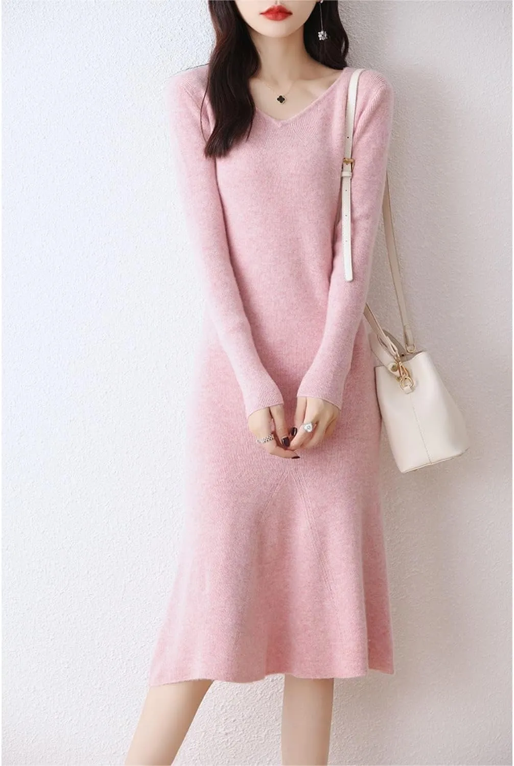 100% Wool Sweater Dress Women's Mid-Length Girl's Slim Fit V-Neck Long Sleeve Pullover A-line Knitted Long Dress