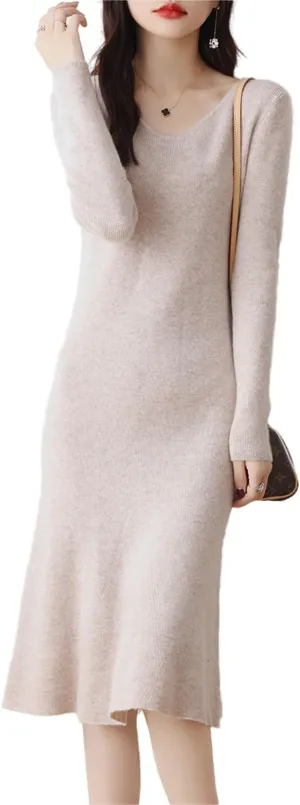 100% Wool Sweater Dress Women's Mid-Length Girl's Slim Fit V-Neck Long Sleeve Pullover A-line Knitted Long Dress