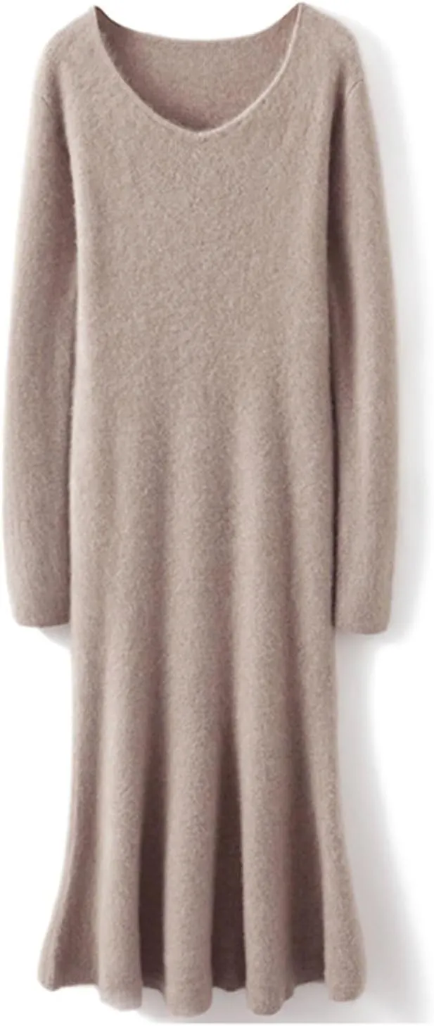 100% Wool Sweater Dress Women's Mid-Length Girl's Slim Fit V-Neck Long Sleeve Pullover A-line Knitted Long Dress