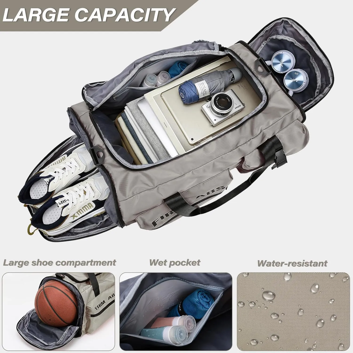 3 in 1 Gym Bag for Men and Women, 65L Large Capacity Travel Duffle Bags Convertible Backpack Weekender Overnight Bag with Shoes Compartment and Dry and Wet Separation