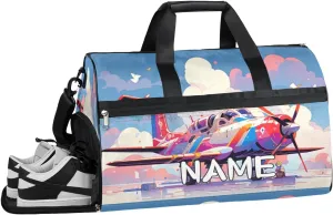Airplane Summer Illustration Sports Gym Bag with Wet Pocket & Shoes Compartment Travel Duffel Bag for Women Men Custom Sports Gym Bag Personalized Overnight Stay Weekend Tote Beach Luggage