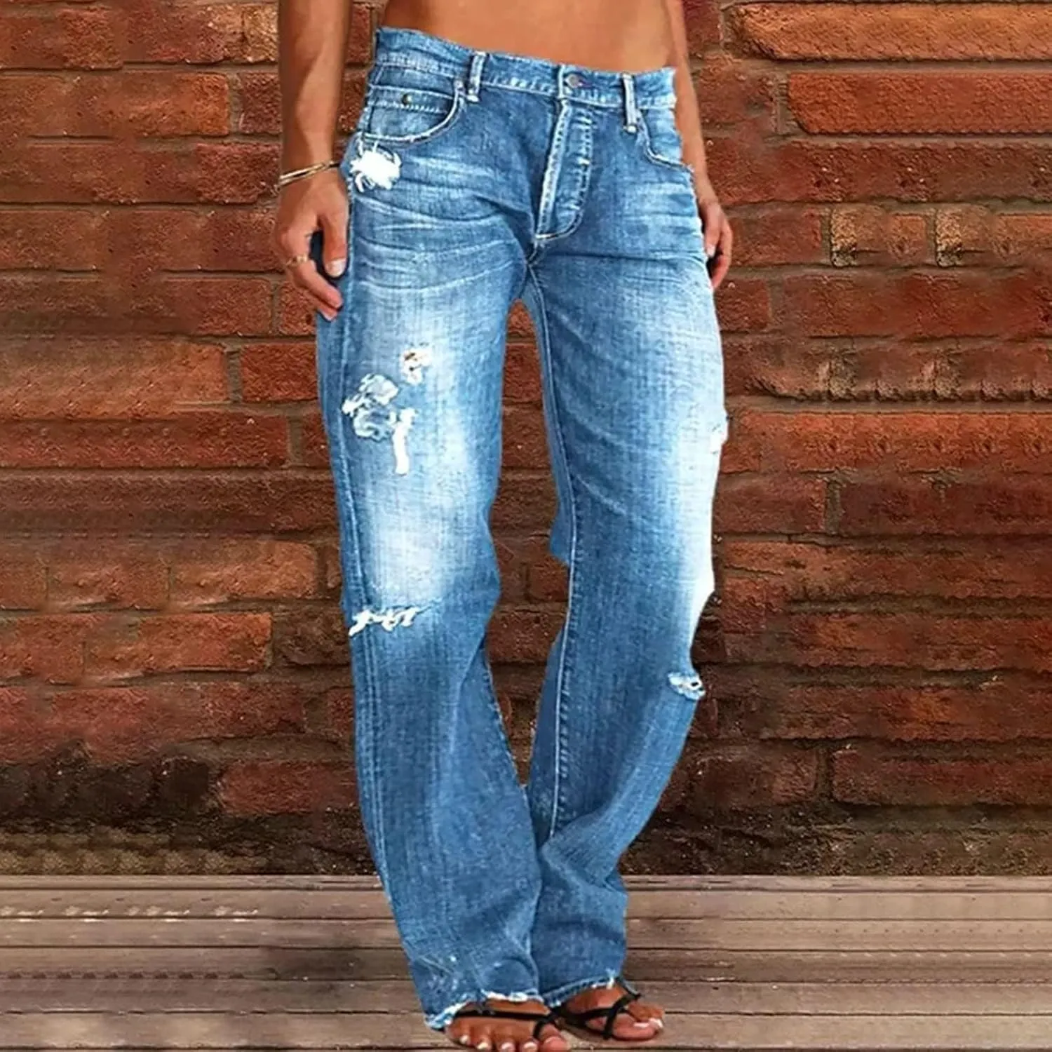 Akivide Loose Distressed Jean for Women Baggy Ripped Straight Leg Mid Waist Boyfriend Denim Pants