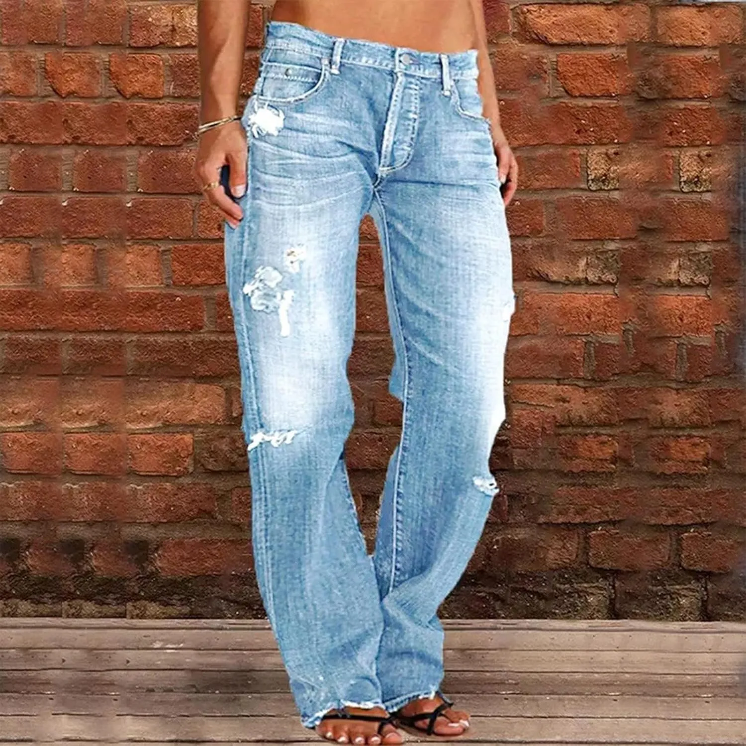 Akivide Straight Leg Boyfriend Jean for Women Mid Waist Distressed Loose Baggy Ripped Hem Denim Pants