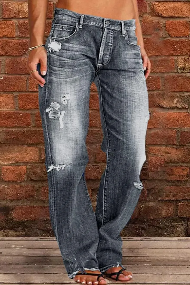 Akivide Straight Leg Boyfriend Jean for Women Mid Waist Distressed Loose Baggy Ripped Hem Denim Pants
