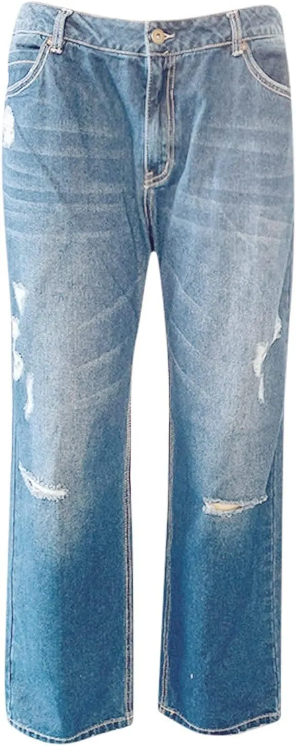 Akivide Straight Leg Boyfriend Jean for Women Mid Waist Distressed Loose Baggy Ripped Hem Denim Pants