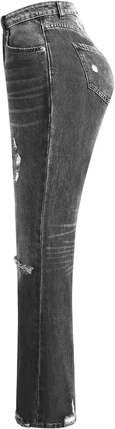 Akivide Straight Leg Boyfriend Jean for Women Mid Waist Distressed Loose Baggy Ripped Hem Denim Pants