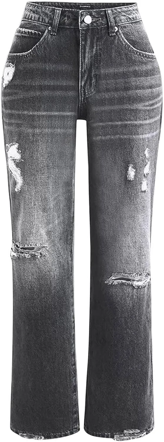 Akivide Straight Leg Boyfriend Jean for Women Mid Waist Distressed Loose Baggy Ripped Hem Denim Pants