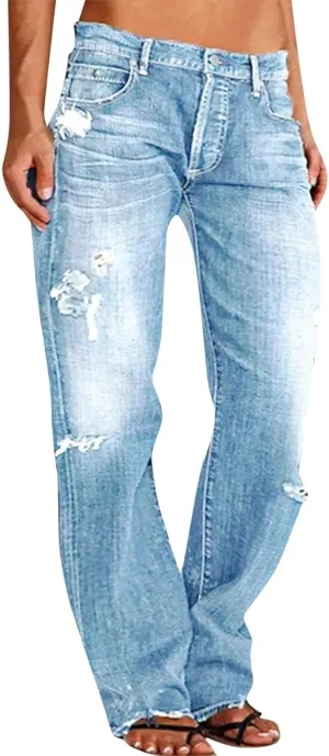 Akivide Straight Leg Boyfriend Jean for Women Mid Waist Distressed Loose Baggy Ripped Hem Denim Pants