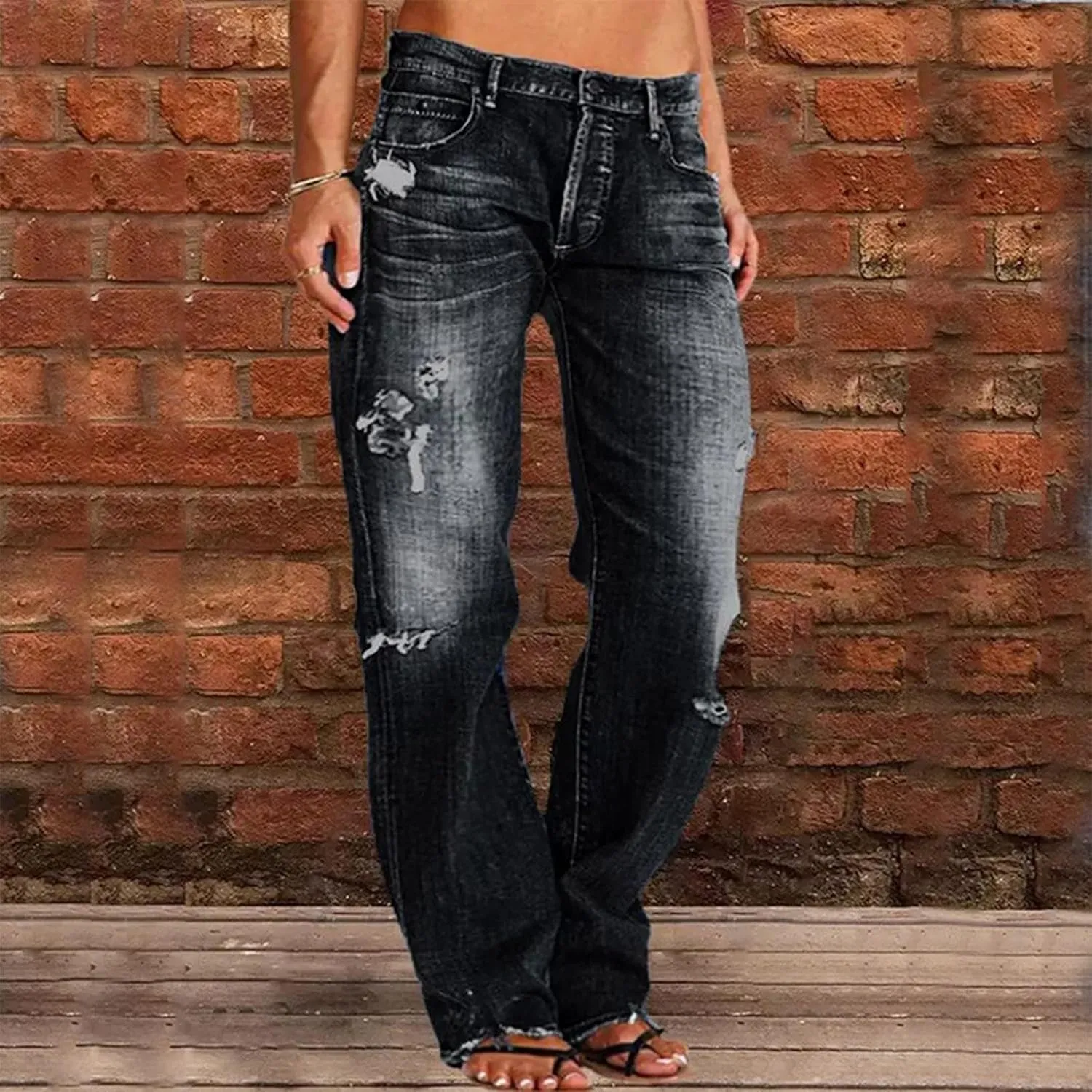 Akivide Straight Leg Boyfriend Jean for Women Mid Waist Distressed Loose Baggy Ripped Hem Denim Pants