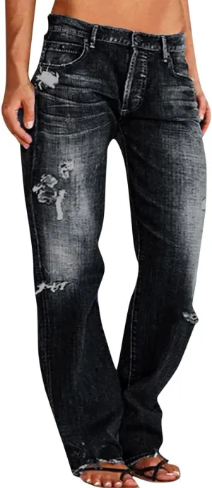 Akivide Straight Leg Boyfriend Jean for Women Mid Waist Distressed Loose Baggy Ripped Hem Denim Pants