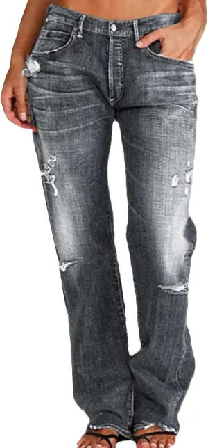 Akivide Straight Leg Boyfriend Jean for Women Mid Waist Distressed Loose Baggy Ripped Hem Denim Pants