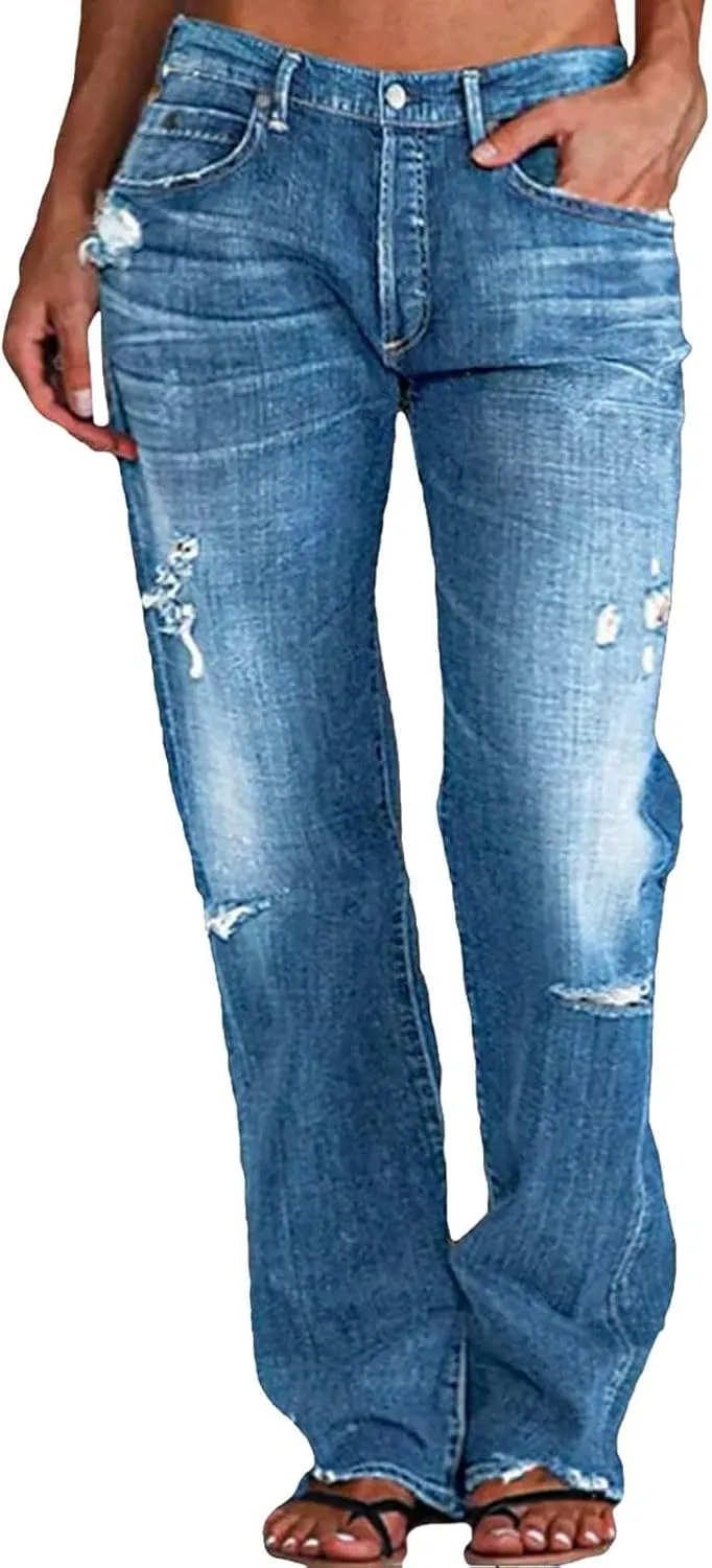 Akivide Straight Leg Boyfriend Jean for Women Mid Waist Distressed Loose Baggy Ripped Hem Denim Pants