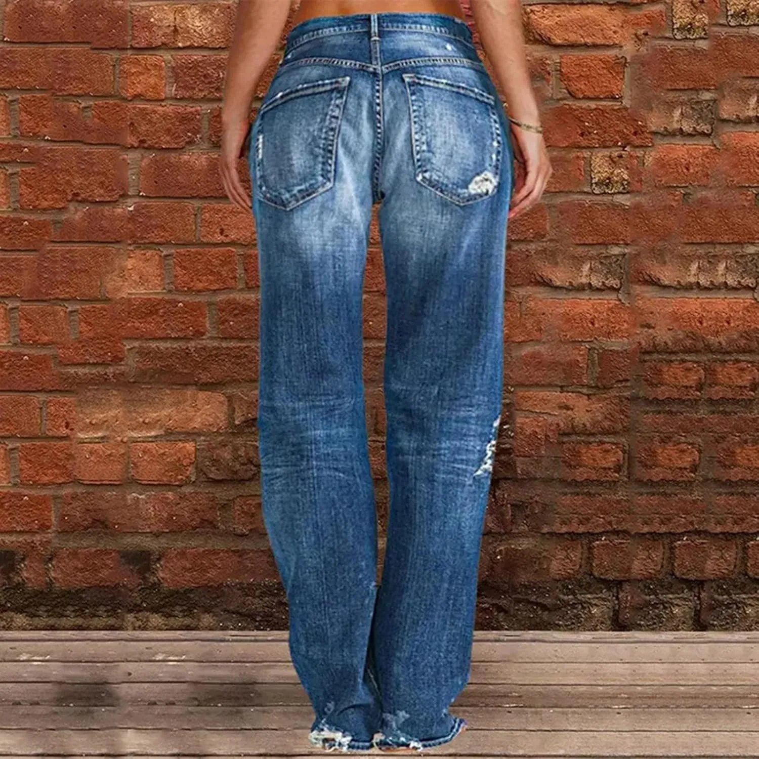 Akivide Straight Leg Boyfriend Jean for Women Mid Waist Distressed Loose Baggy Ripped Hem Denim Pants