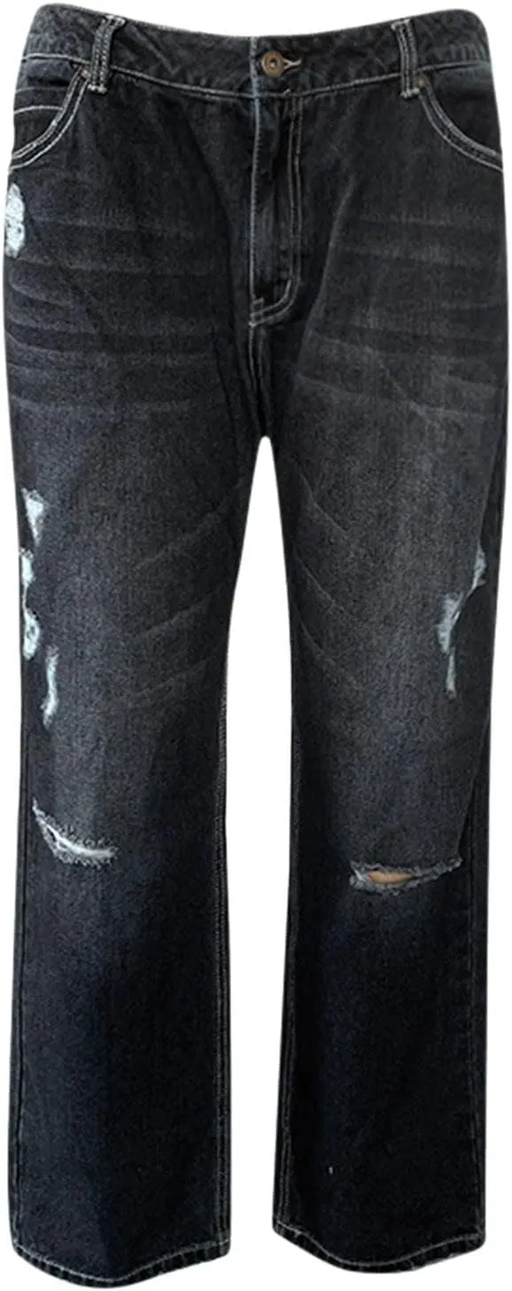 Akivide Straight Leg Boyfriend Jean for Women Mid Waist Distressed Loose Baggy Ripped Hem Denim Pants