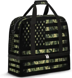 American Flag With Camouflage Travel Duffel Bag for Women Men, Grunge Style Sports Gym Bag with Shoes Compartment Foldable Overnight Bag Weekender Tote Workout Carry On Luggage Bag