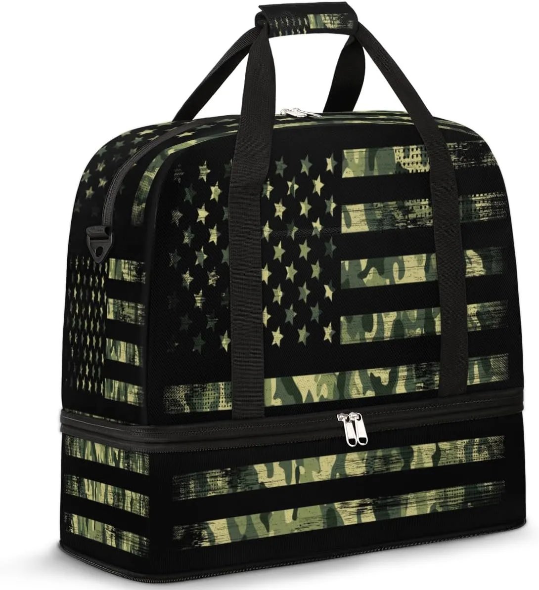 American Flag With Camouflage Travel Duffel Bag for Women Men, Grunge Style Sports Gym Bag with Shoes Compartment Foldable Overnight Bag Weekender Tote Workout Carry On Luggage Bag