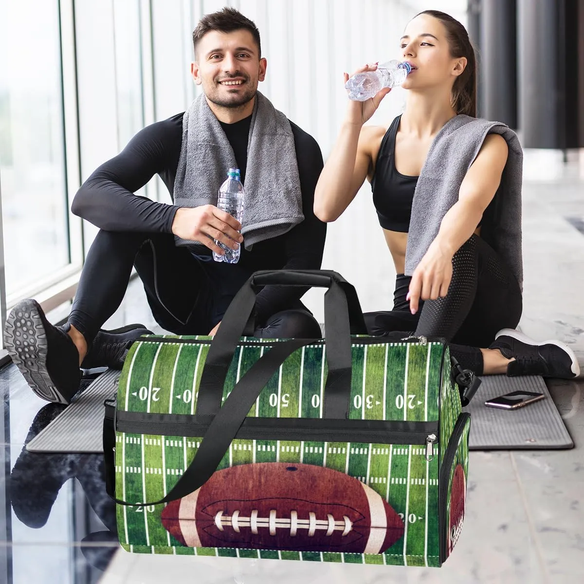 American Football Field And Ball Dry Wet Depart Duffle Overnight Bag with Shoes Compartment & Wet Pockets, Water Resistant Weekender Travel Gym Pouch For Swim Gymnastics Ballet Sleepovers