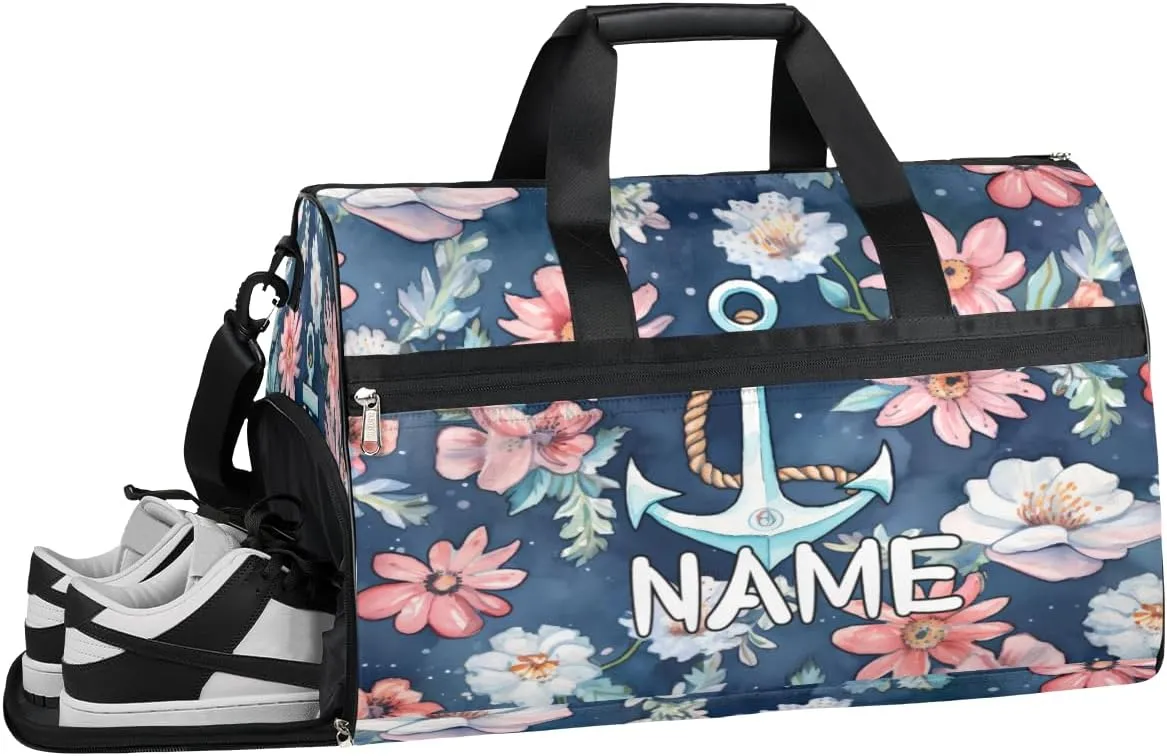 Anchor Flowers Daisies Summer Sports Gym Bag with Wet Pocket & Shoes Compartment Travel Duffel Bag for Women Men Custom Sports Gym Bag Personalized Overnight Stay Weekend Tote Beach Luggage