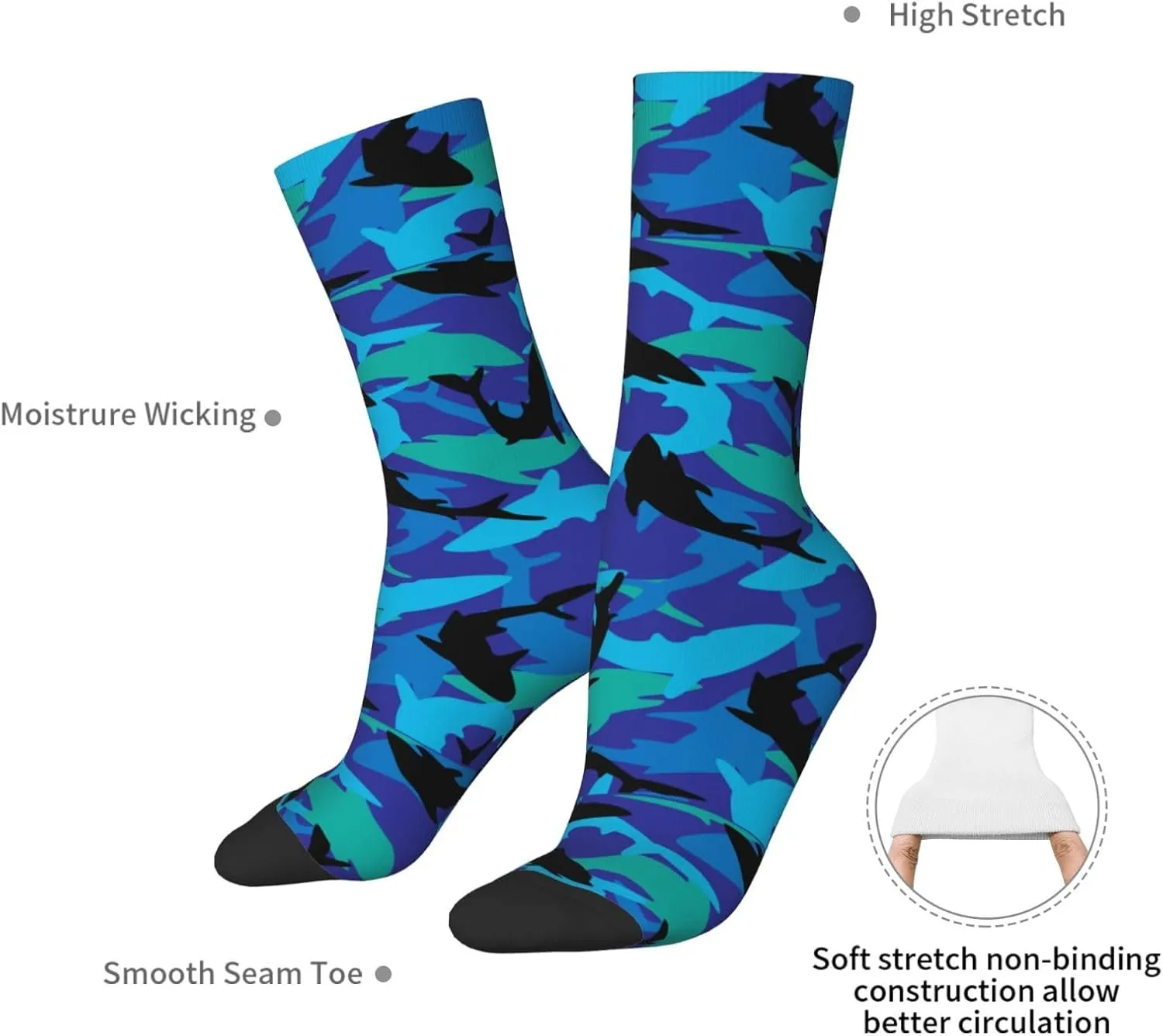 Angry Blue Open Mouth Great White Shark Crew Socks Unisex Mid Calf Hiking Running Athletic Socks Colorful Print Socks