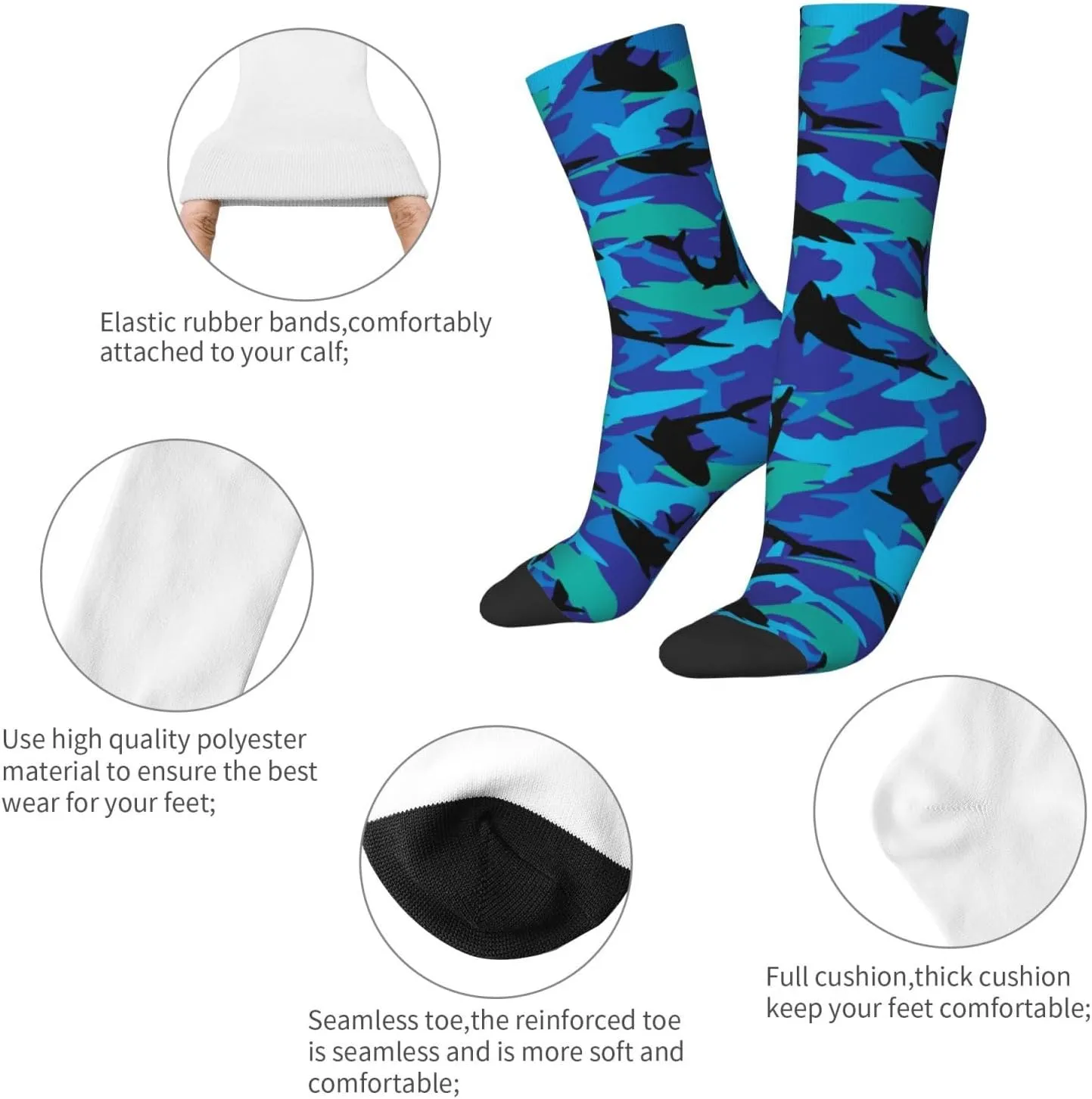 Angry Blue Open Mouth Great White Shark Crew Socks Unisex Mid Calf Hiking Running Athletic Socks Colorful Print Socks