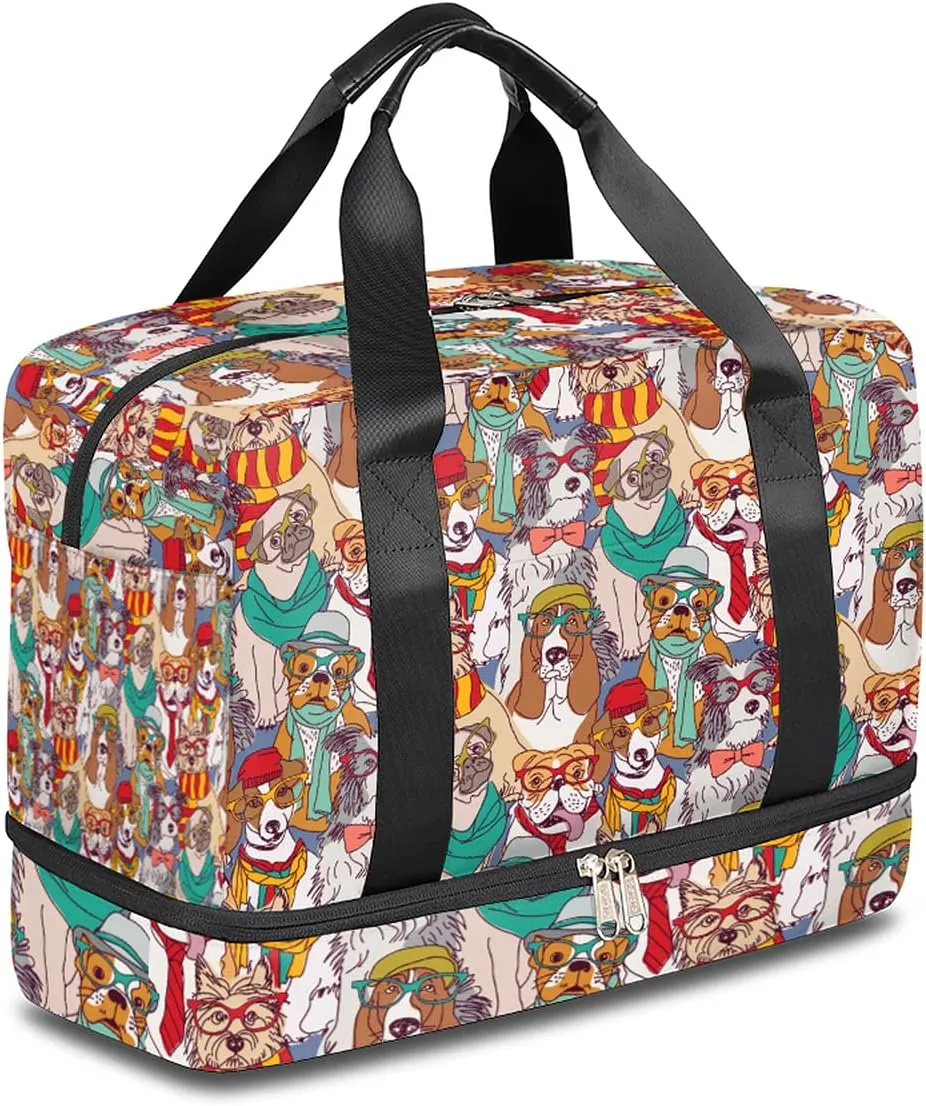 Animal Dog Sports Gym Bag with Shoes Compartment,Colorful Puppy Pug Travel Duffel Bag for Men Women Boys Girls Teens Overnight Weekend Yoga Workout Bag Training Handbag