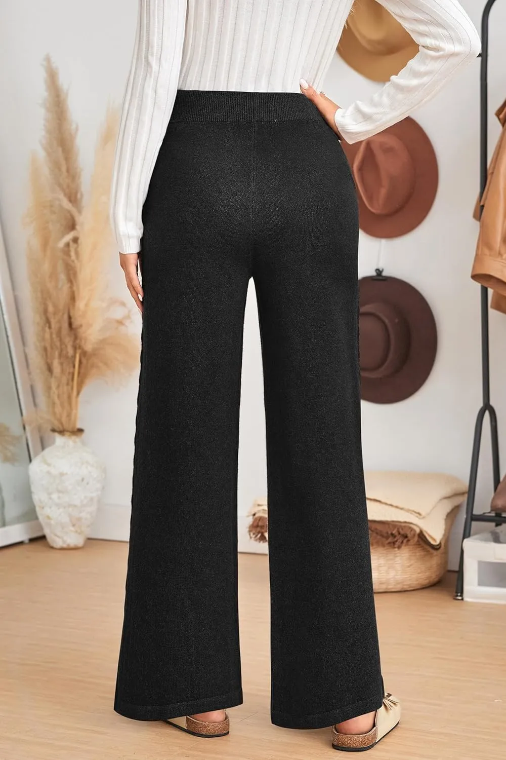 Arach&Cloz Womens 2025 Spring Sweater Pants Wide Leg Elastic High Waist Cute Casual Flowy Lounge Winter Knit Trousers Pockets