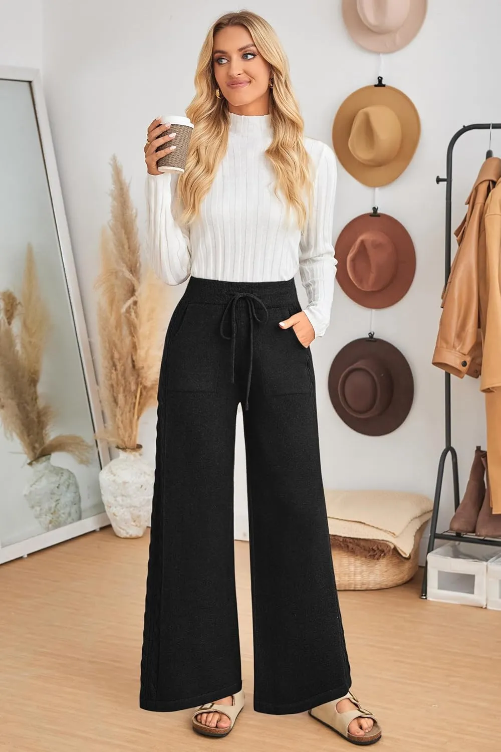 Arach&Cloz Womens 2025 Spring Sweater Pants Wide Leg Elastic High Waist Cute Casual Flowy Lounge Winter Knit Trousers Pockets