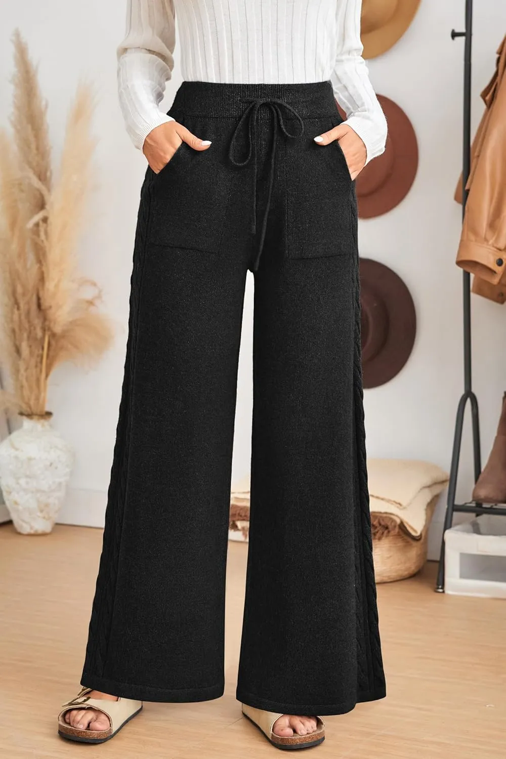 Arach&Cloz Womens 2025 Spring Sweater Pants Wide Leg Elastic High Waist Cute Casual Flowy Lounge Winter Knit Trousers Pockets