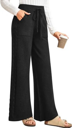 Arach&Cloz Womens 2025 Spring Sweater Pants Wide Leg Elastic High Waist Cute Casual Flowy Lounge Winter Knit Trousers Pockets