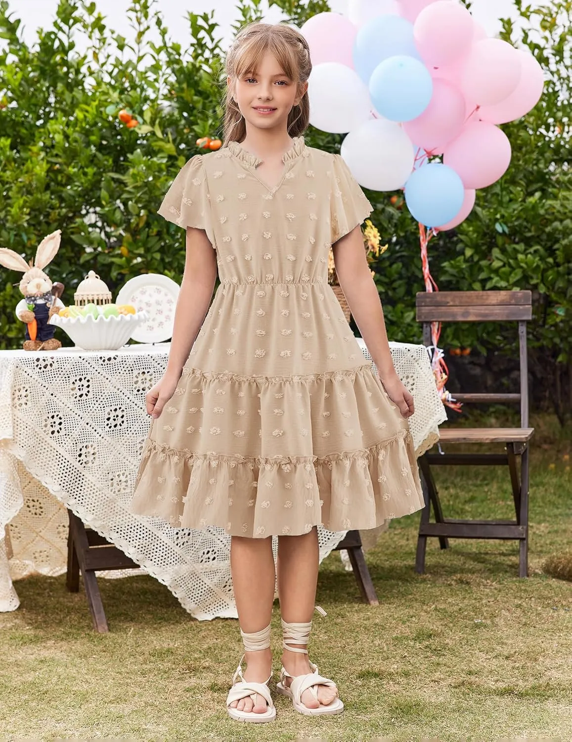 Arshiner Girls 2025 Summer Dresses Pom Poms Flutter Ruffle Sleeve Midi Polka Dot V Neck Dress with Pockets
