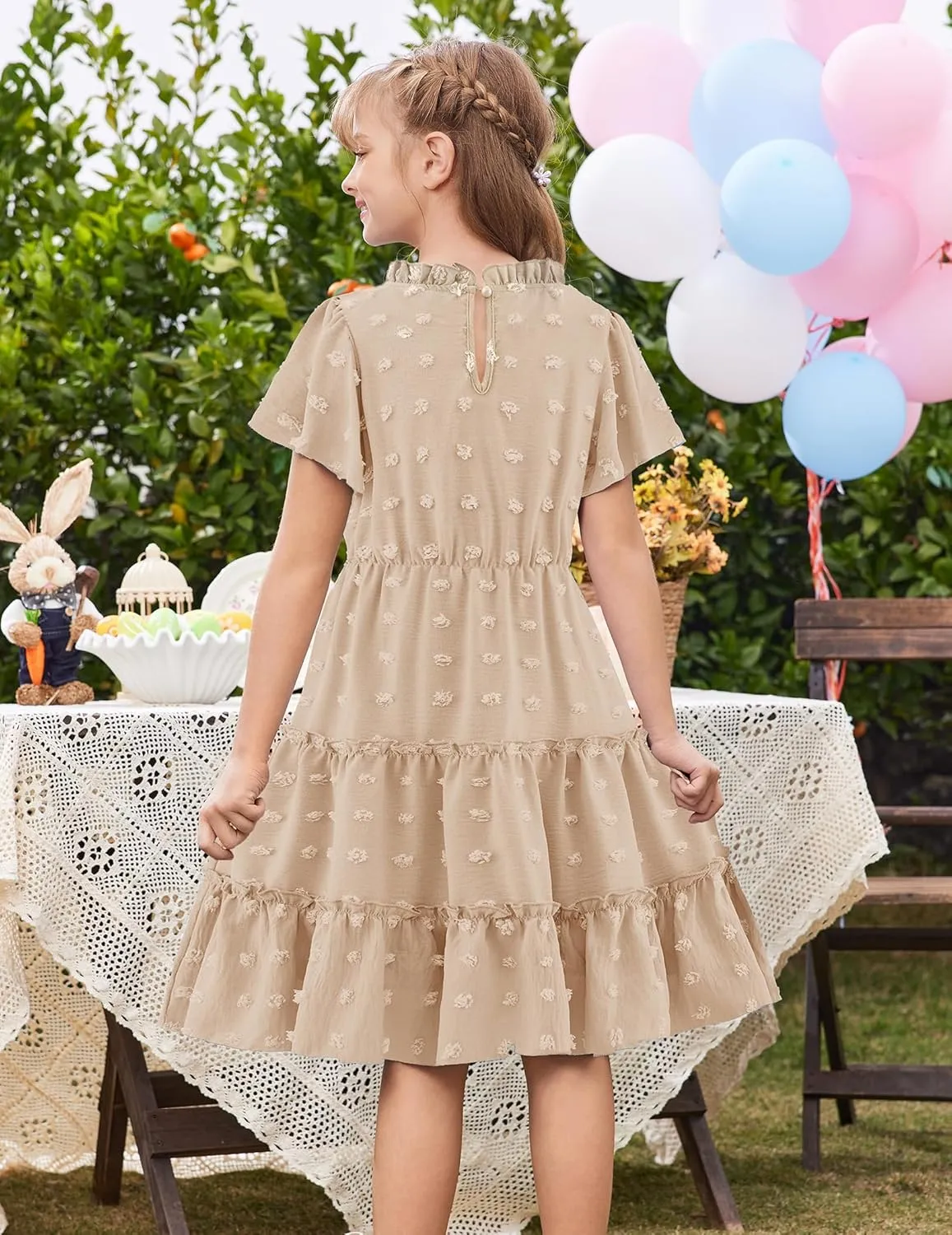 Arshiner Girls 2025 Summer Dresses Pom Poms Flutter Ruffle Sleeve Midi Polka Dot V Neck Dress with Pockets