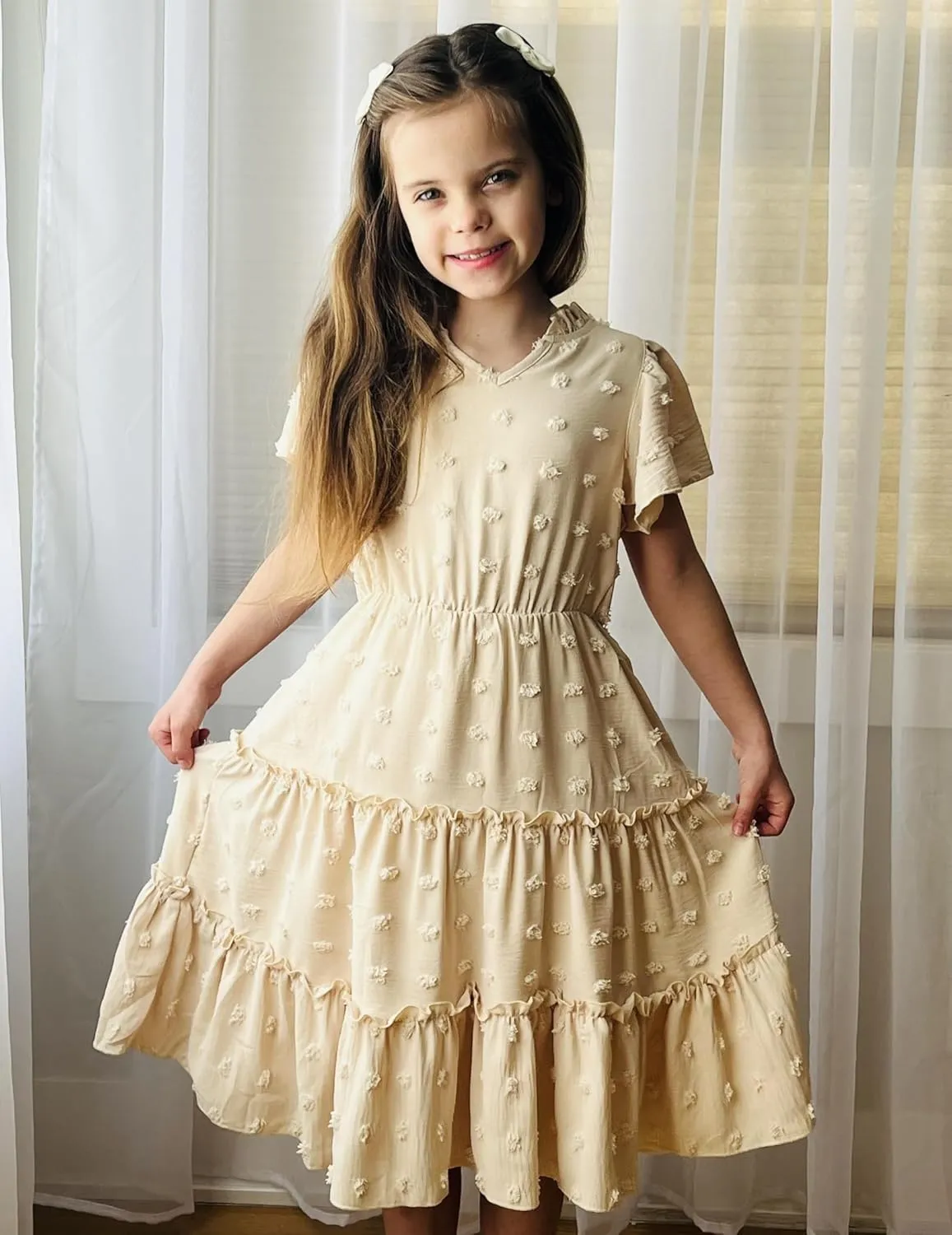 Arshiner Girls 2025 Summer Dresses Pom Poms Flutter Ruffle Sleeve Midi Polka Dot V Neck Dress with Pockets