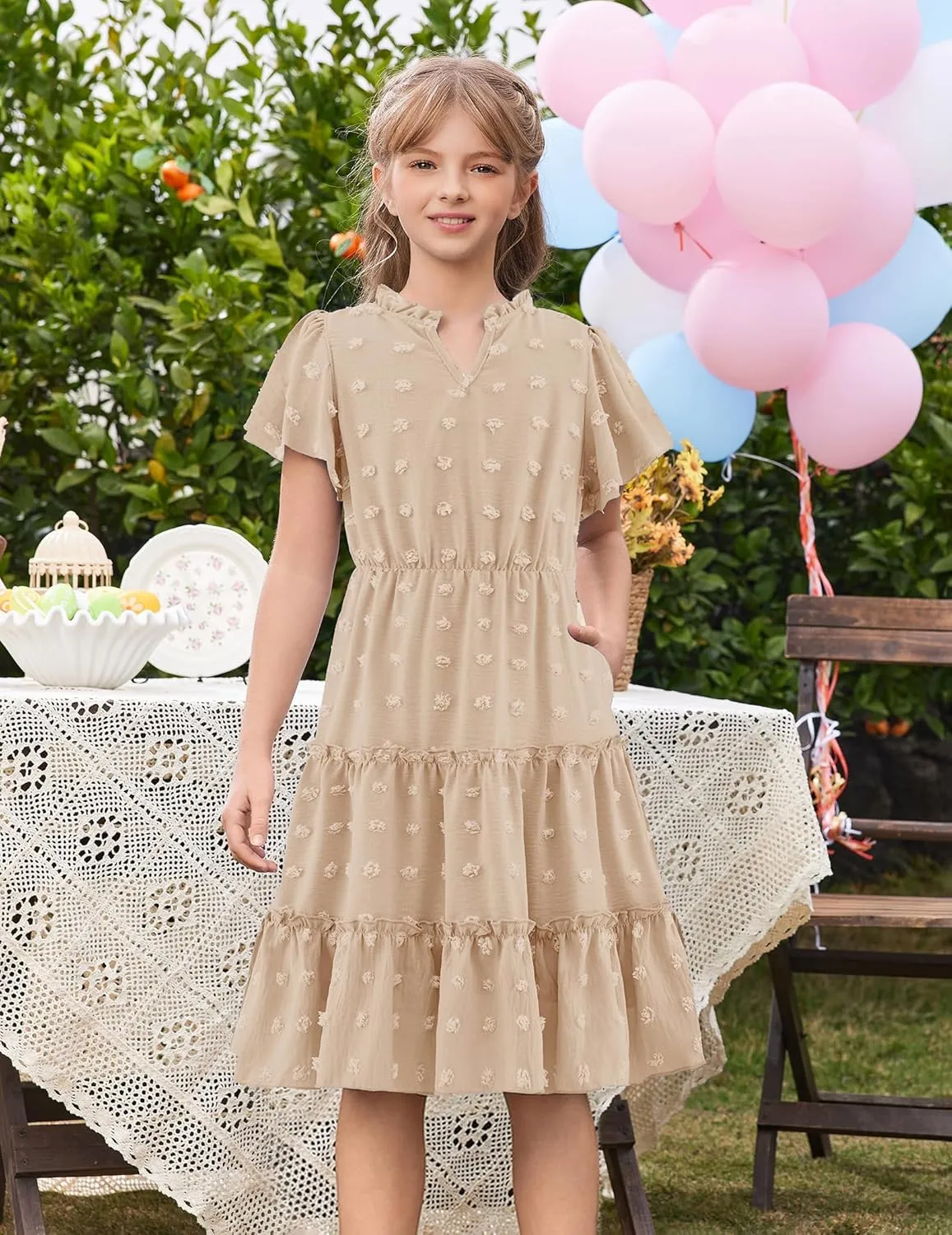 Arshiner Girls 2025 Summer Dresses Pom Poms Flutter Ruffle Sleeve Midi Polka Dot V Neck Dress with Pockets