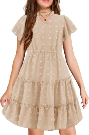 Arshiner Girls 2025 Summer Dresses Pom Poms Flutter Ruffle Sleeve Midi Polka Dot V Neck Dress with Pockets