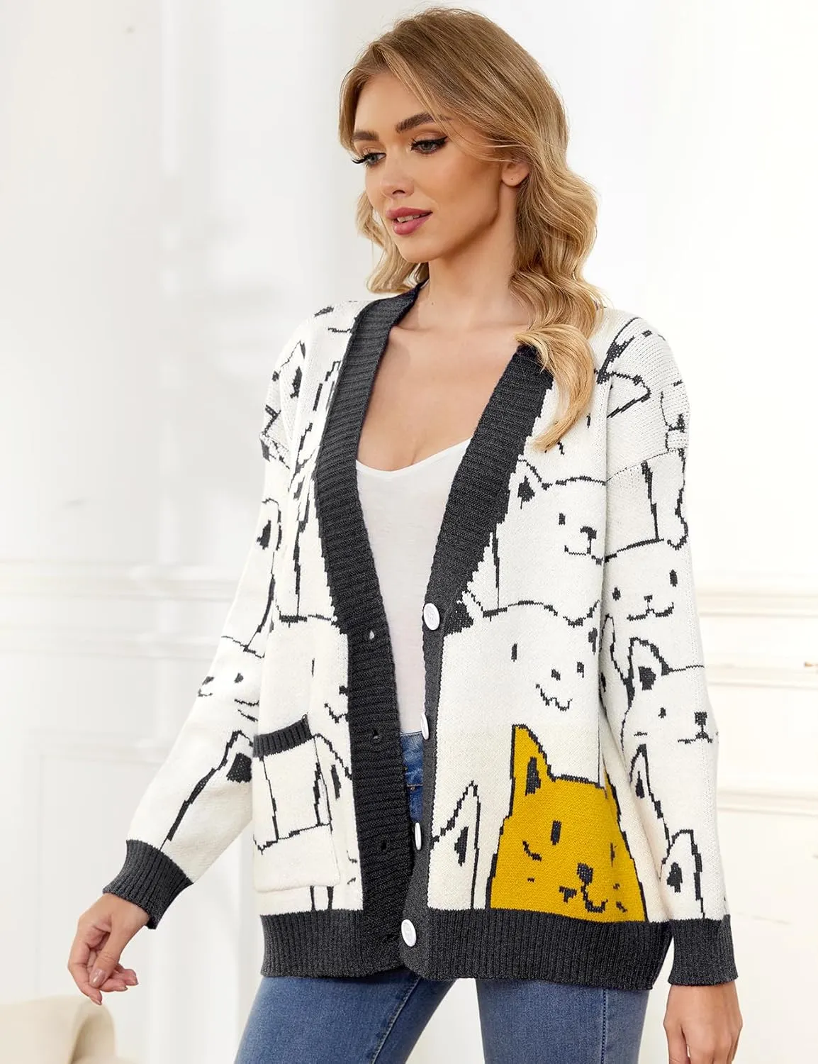 Arssm Cat Sweater for Women Oversized Button Down V Neck Cable Knit Sweater Cute Kawaii Cartoon Cardigan Coat
